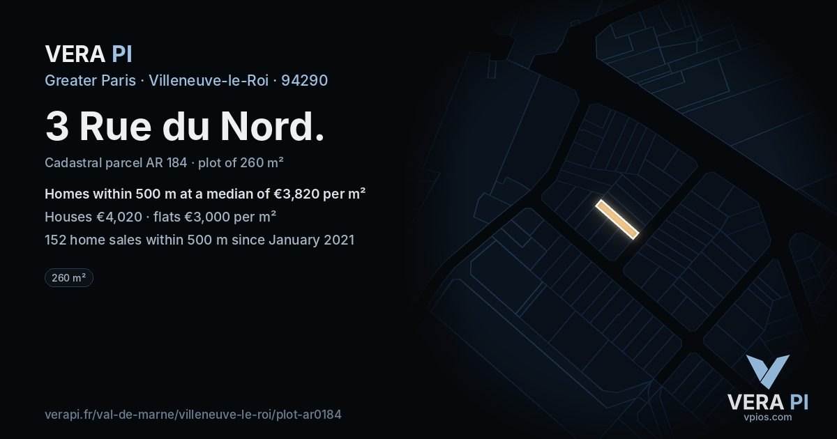 3 Rue du Nord, Villeneuve-le-Roi at night – the plot lit, the parcels around coloured by the prices near them