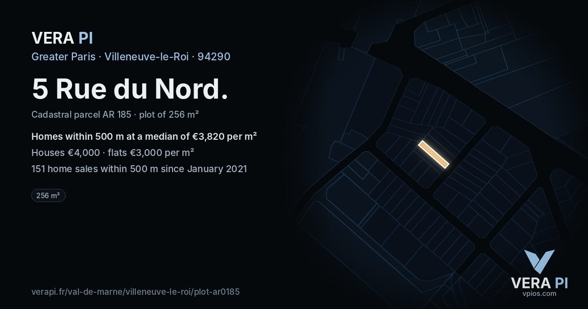5 Rue du Nord, Villeneuve-le-Roi at night – the plot lit, the parcels around coloured by the prices near them