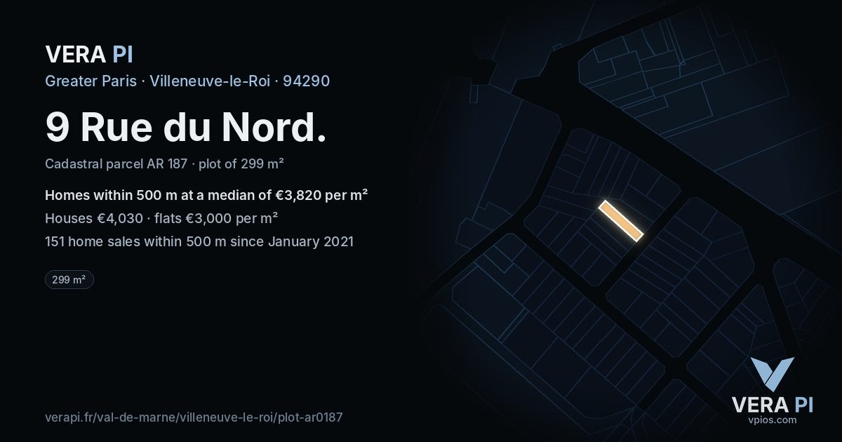 9 Rue du Nord, Villeneuve-le-Roi at night – the plot lit, the parcels around coloured by the prices near them