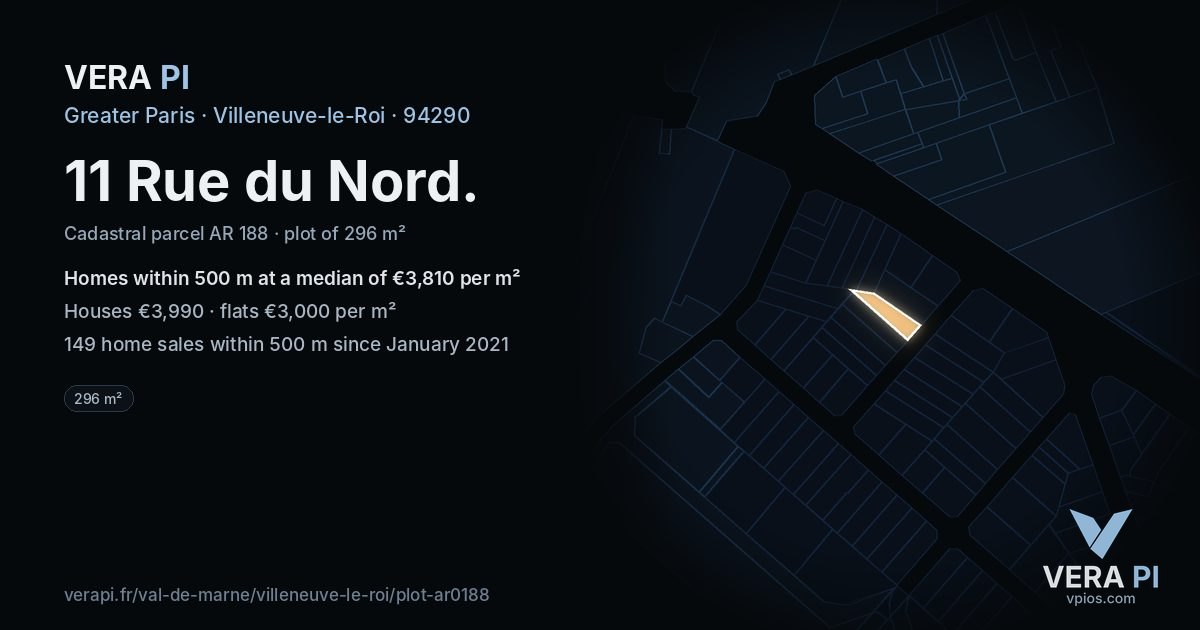 11 Rue du Nord, Villeneuve-le-Roi at night – the plot lit, the parcels around coloured by the prices near them