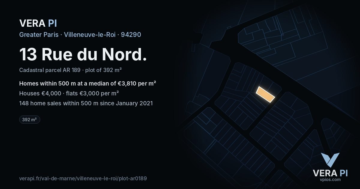 13 Rue du Nord, Villeneuve-le-Roi at night – the plot lit, the parcels around coloured by the prices near them