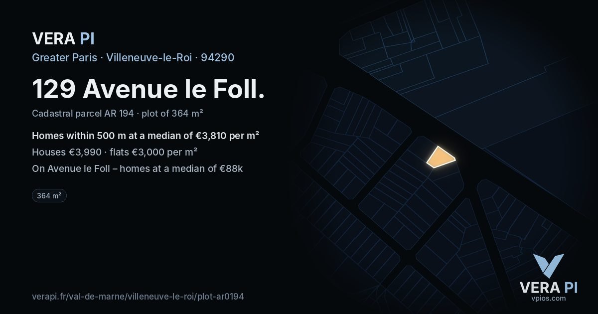 129 Avenue le Foll, Villeneuve-le-Roi at night – the plot lit, the parcels around coloured by the prices near them