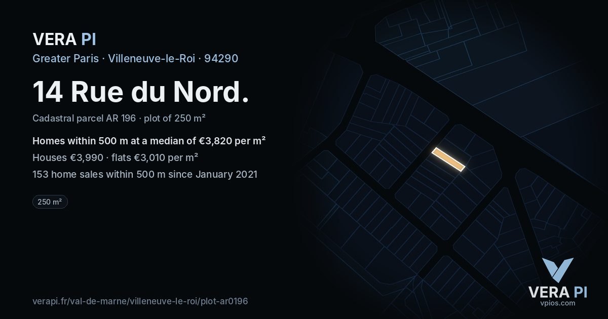 14 Rue du Nord, Villeneuve-le-Roi at night – the plot lit, the parcels around coloured by the prices near them