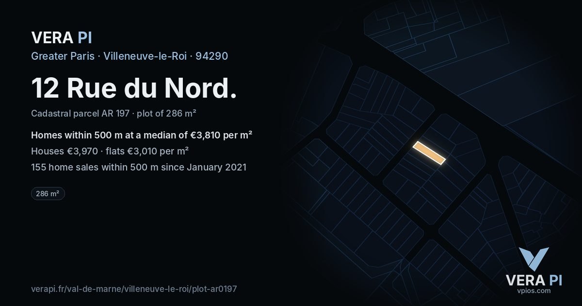 12 Rue du Nord, Villeneuve-le-Roi at night – the plot lit, the parcels around coloured by the prices near them