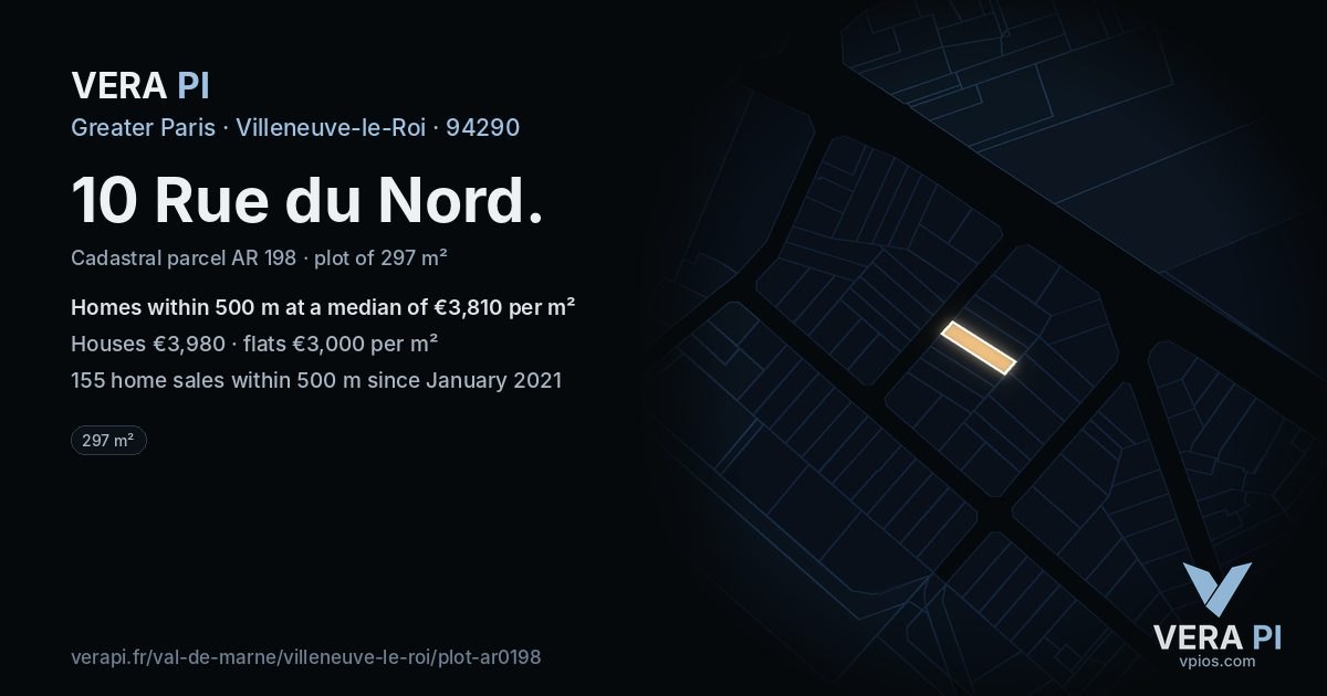 10 Rue du Nord, Villeneuve-le-Roi at night – the plot lit, the parcels around coloured by the prices near them