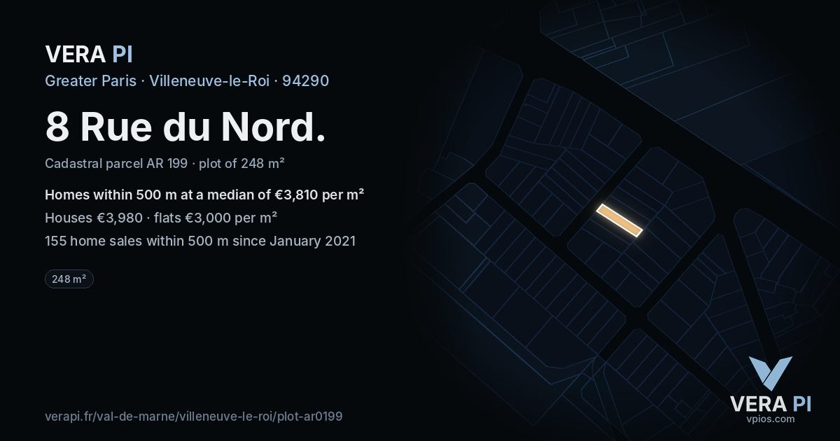 8 Rue du Nord, Villeneuve-le-Roi at night – the plot lit, the parcels around coloured by the prices near them