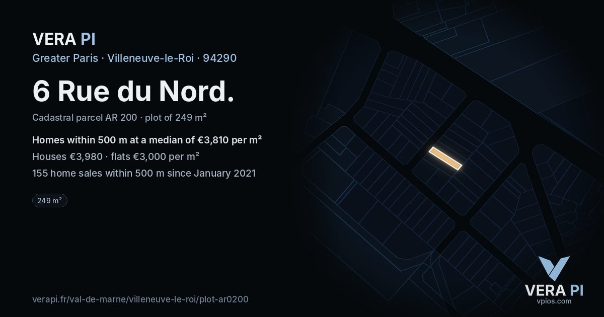 6 Rue du Nord, Villeneuve-le-Roi at night – the plot lit, the parcels around coloured by the prices near them