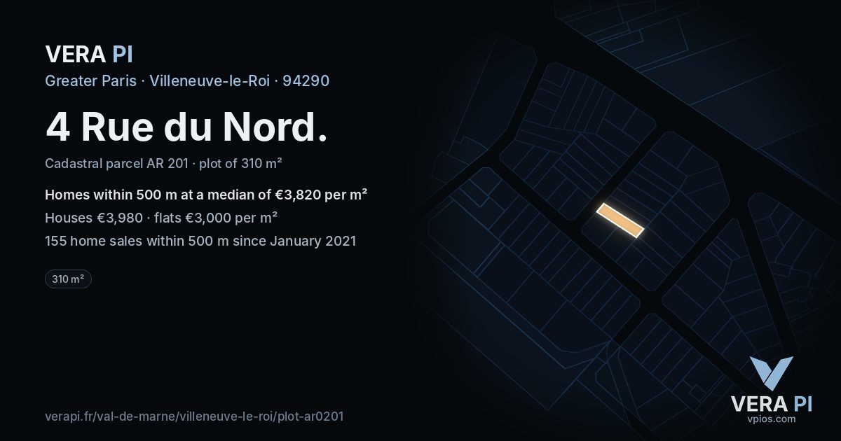 4 Rue du Nord, Villeneuve-le-Roi at night – the plot lit, the parcels around coloured by the prices near them