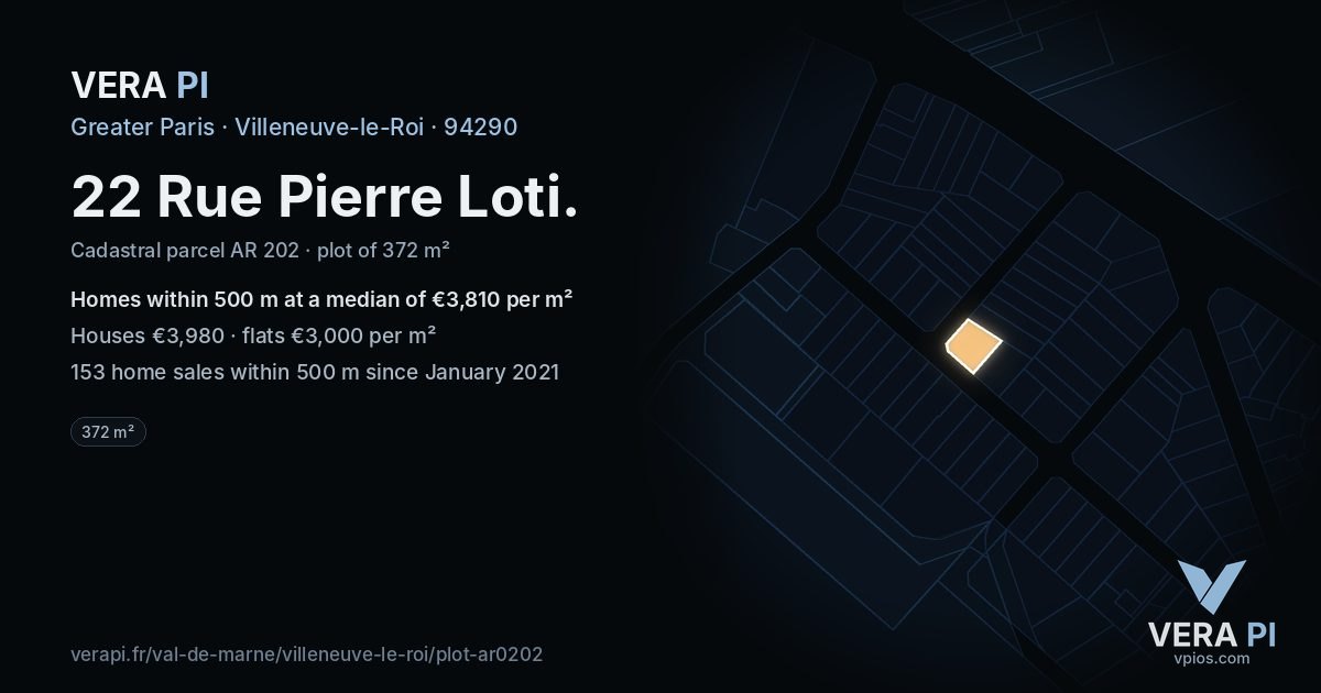 22 Rue Pierre Loti, Villeneuve-le-Roi at night – the plot lit, the parcels around coloured by the prices near them