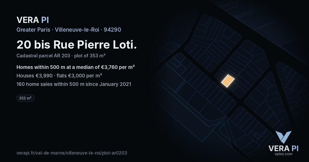 20 bis Rue Pierre Loti, Villeneuve-le-Roi at night – the plot lit, the parcels around coloured by the prices near them