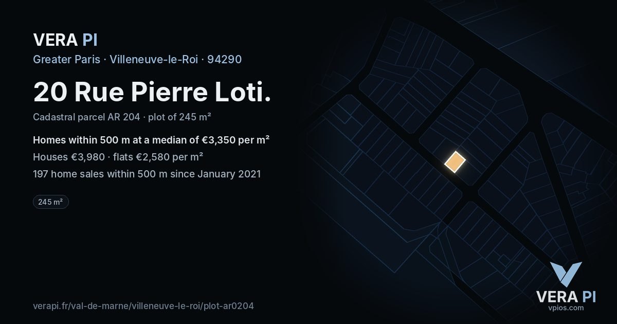 20 Rue Pierre Loti, Villeneuve-le-Roi at night – the plot lit, the parcels around coloured by the prices near them