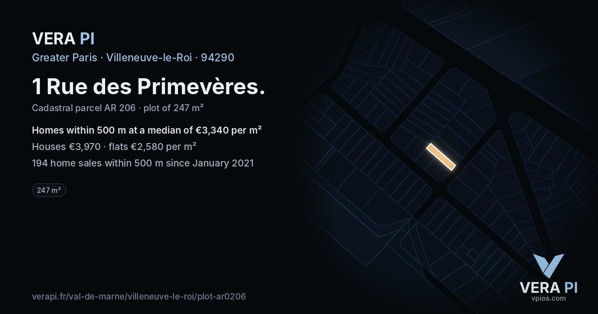 1 Rue des Primevères, Villeneuve-le-Roi at night – the plot lit, the parcels around coloured by the prices near them