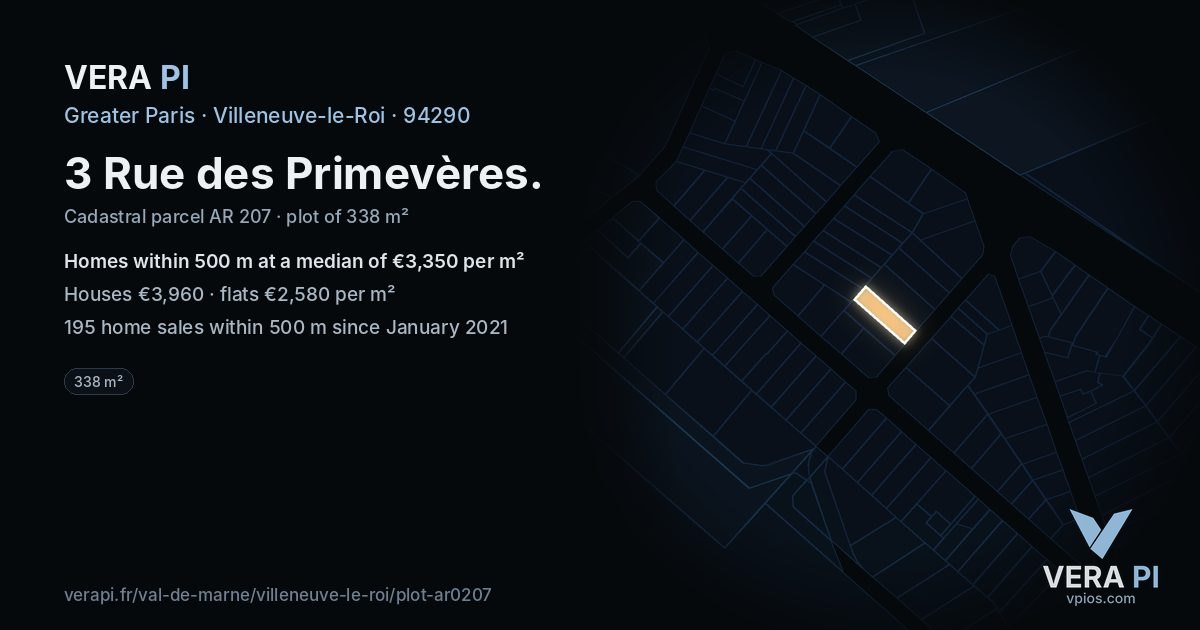 3 Rue des Primevères, Villeneuve-le-Roi at night – the plot lit, the parcels around coloured by the prices near them