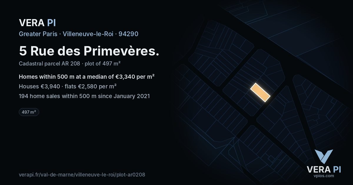 5 Rue des Primevères, Villeneuve-le-Roi at night – the plot lit, the parcels around coloured by the prices near them