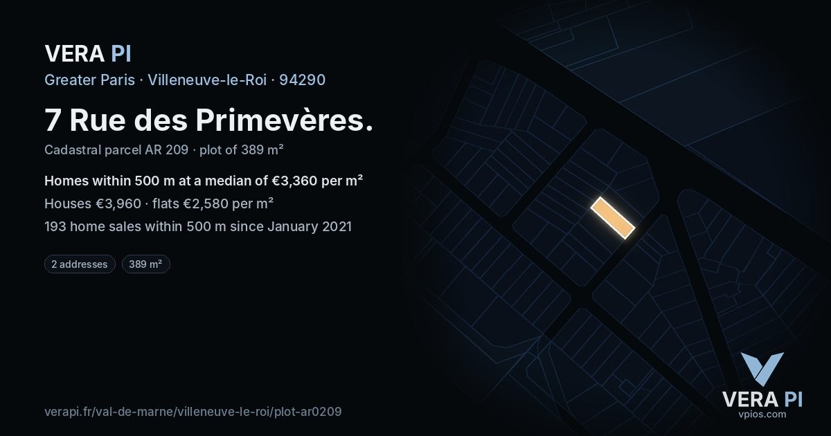 7 Rue des Primevères, Villeneuve-le-Roi at night – the plot lit, the parcels around coloured by the prices near them