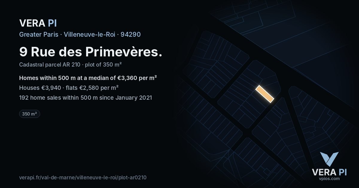9 Rue des Primevères, Villeneuve-le-Roi at night – the plot lit, the parcels around coloured by the prices near them