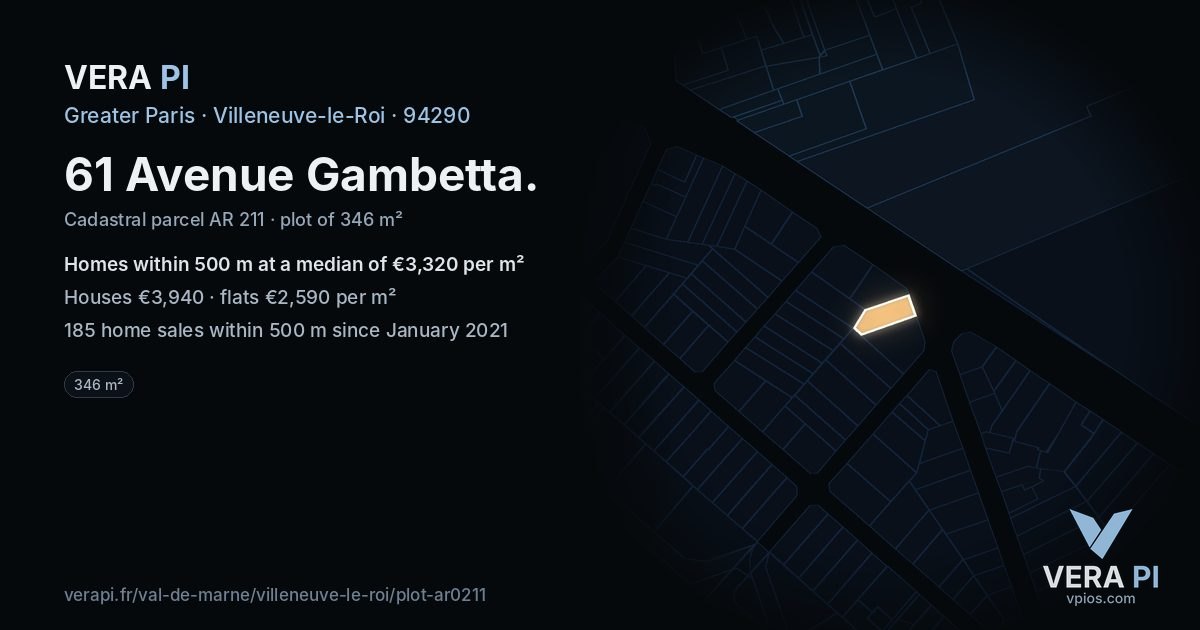 61 Avenue Gambetta, Villeneuve-le-Roi at night – the plot lit, the parcels around coloured by the prices near them