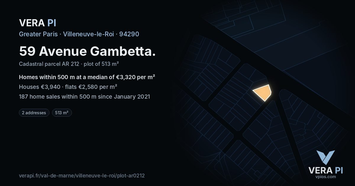 59 Avenue Gambetta, Villeneuve-le-Roi at night – the plot lit, the parcels around coloured by the prices near them