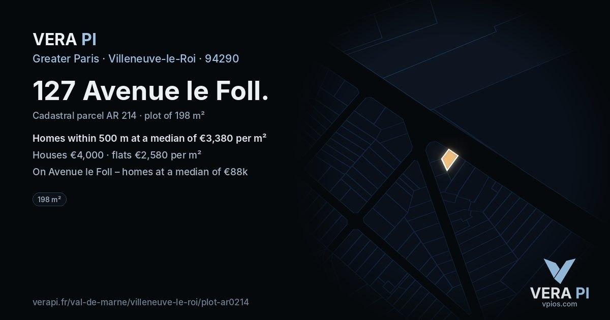 127 Avenue le Foll, Villeneuve-le-Roi at night – the plot lit, the parcels around coloured by the prices near them