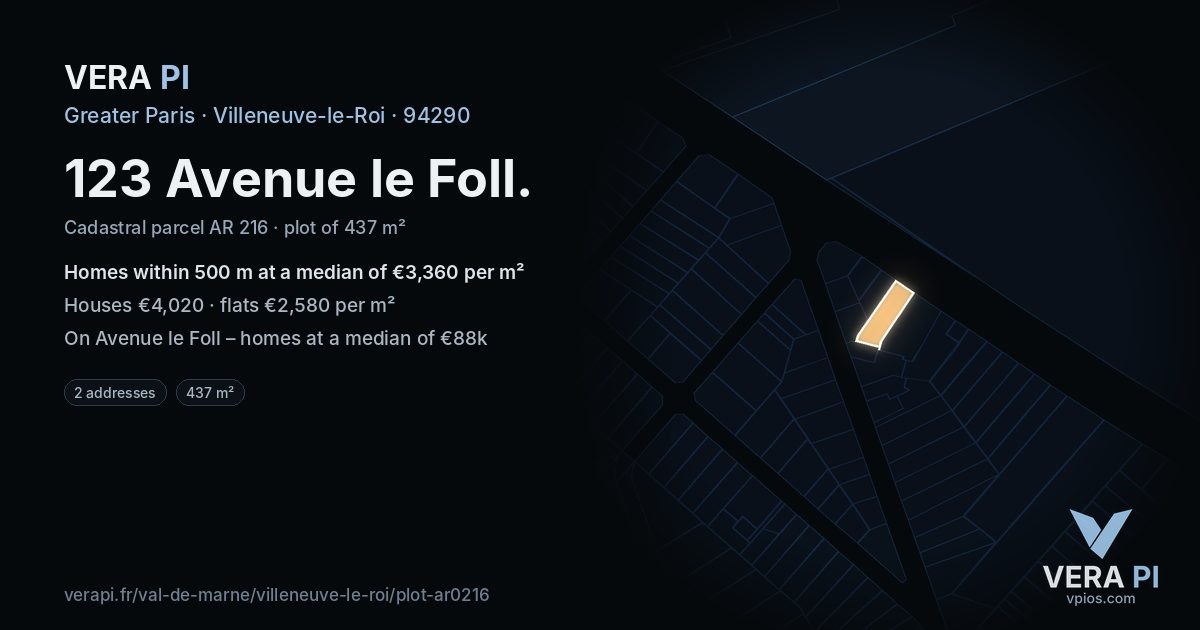 123 Avenue le Foll, Villeneuve-le-Roi at night – the plot lit, the parcels around coloured by the prices near them