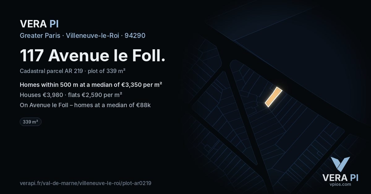 117 Avenue le Foll, Villeneuve-le-Roi at night – the plot lit, the parcels around coloured by the prices near them