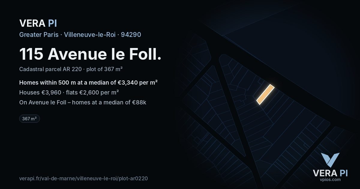 115 Avenue le Foll, Villeneuve-le-Roi at night – the plot lit, the parcels around coloured by the prices near them