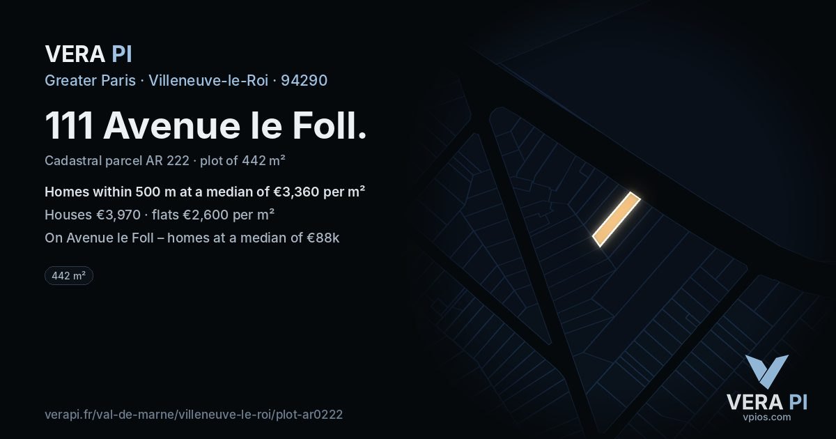 111 Avenue le Foll, Villeneuve-le-Roi at night – the plot lit, the parcels around coloured by the prices near them