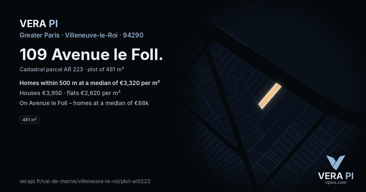 109 Avenue le Foll, Villeneuve-le-Roi at night – the plot lit, the parcels around coloured by the prices near them