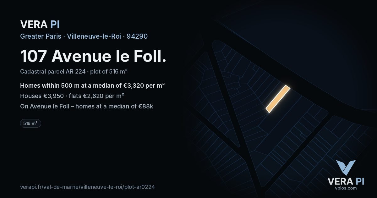 107 Avenue le Foll, Villeneuve-le-Roi at night – the plot lit, the parcels around coloured by the prices near them