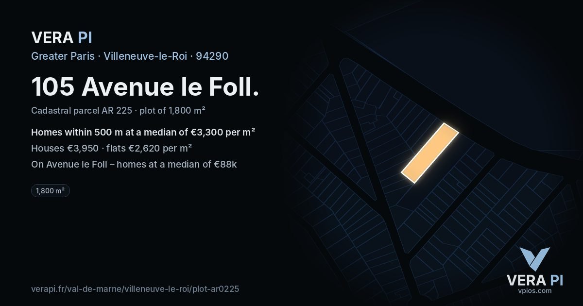 105 Avenue le Foll, Villeneuve-le-Roi at night – the plot lit, the parcels around coloured by the prices near them
