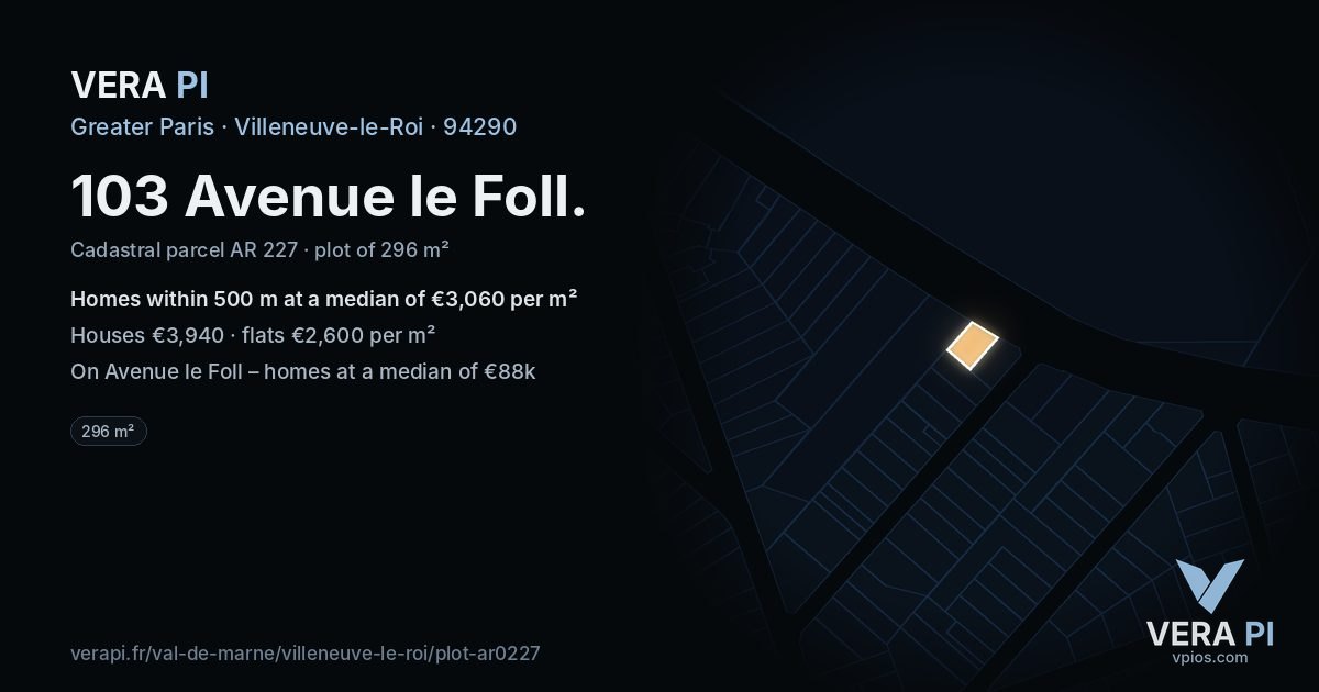 103 Avenue le Foll, Villeneuve-le-Roi at night – the plot lit, the parcels around coloured by the prices near them