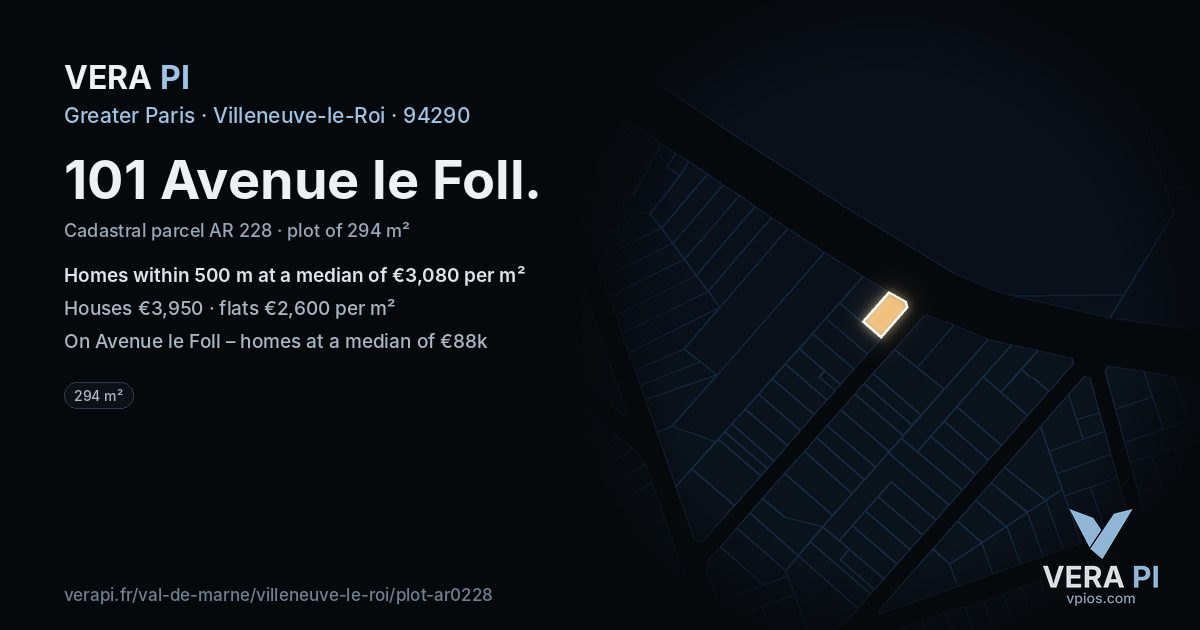 101 Avenue le Foll, Villeneuve-le-Roi at night – the plot lit, the parcels around coloured by the prices near them