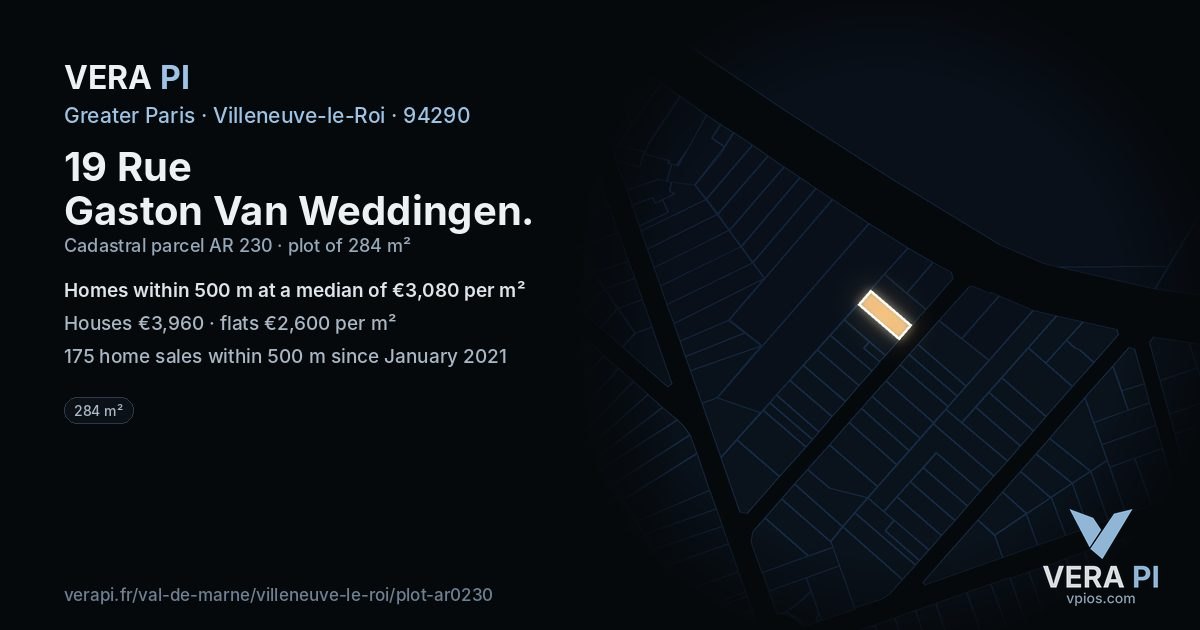 19 Rue Gaston Van Weddingen, Villeneuve-le-Roi at night – the plot lit, the parcels around coloured by the prices near them
