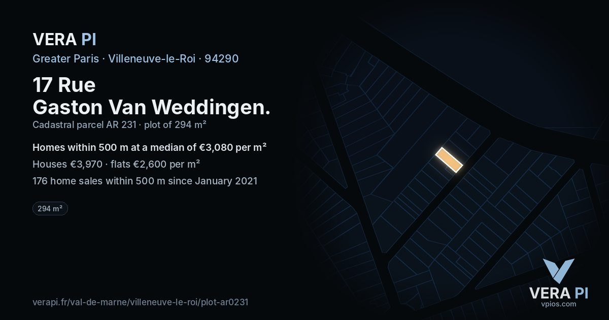 17 Rue Gaston Van Weddingen, Villeneuve-le-Roi at night – the plot lit, the parcels around coloured by the prices near them