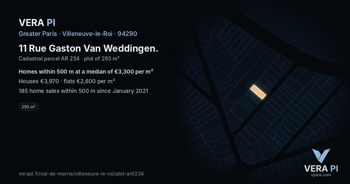 11 Rue Gaston Van Weddingen, Villeneuve-le-Roi at night – the plot lit, the parcels around coloured by the prices near them