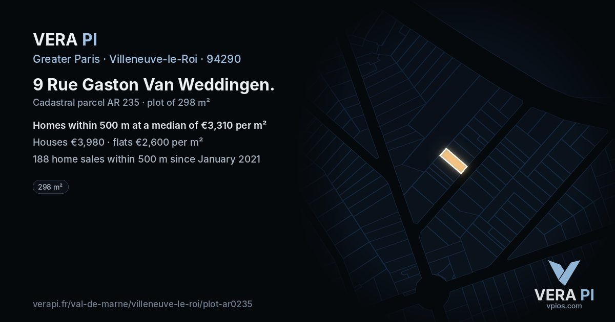 9 Rue Gaston Van Weddingen, Villeneuve-le-Roi at night – the plot lit, the parcels around coloured by the prices near them