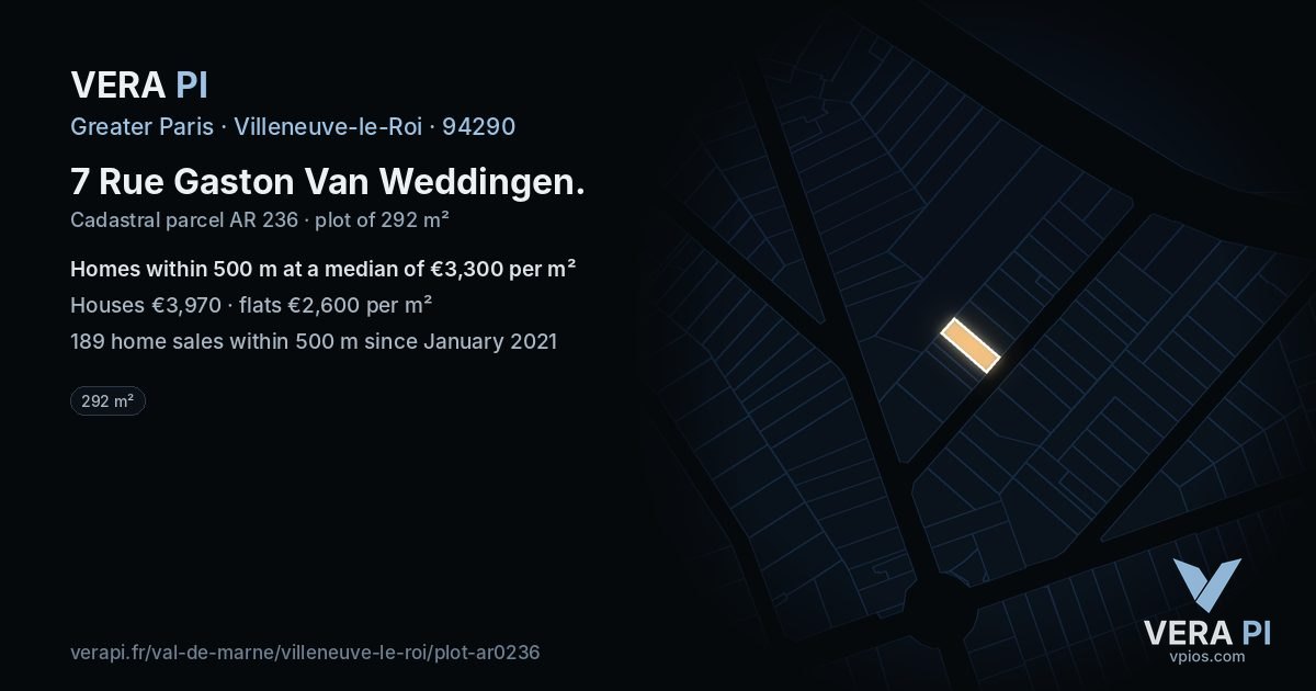 7 Rue Gaston Van Weddingen, Villeneuve-le-Roi at night – the plot lit, the parcels around coloured by the prices near them