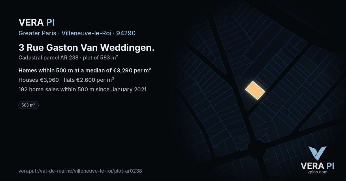 3 Rue Gaston Van Weddingen, Villeneuve-le-Roi at night – the plot lit, the parcels around coloured by the prices near them