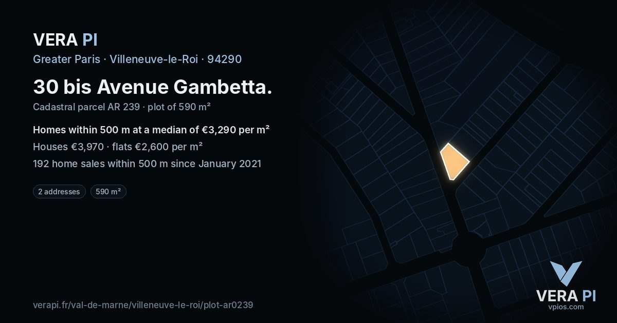 30 bis Avenue Gambetta, Villeneuve-le-Roi at night – the plot lit, the parcels around coloured by the prices near them