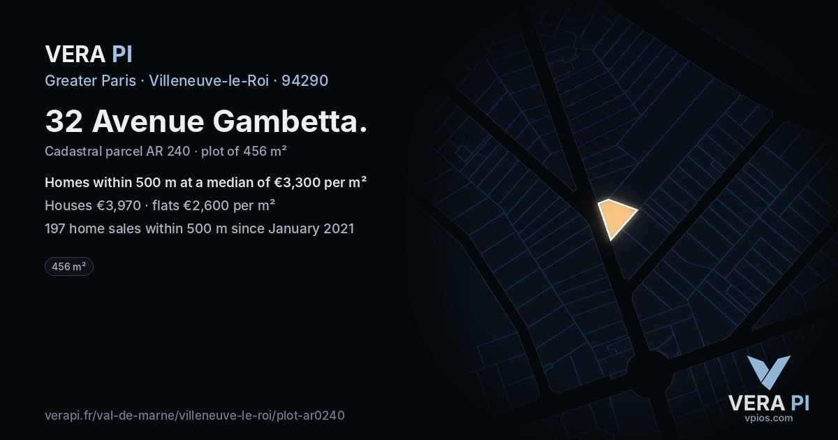32 Avenue Gambetta, Villeneuve-le-Roi at night – the plot lit, the parcels around coloured by the prices near them