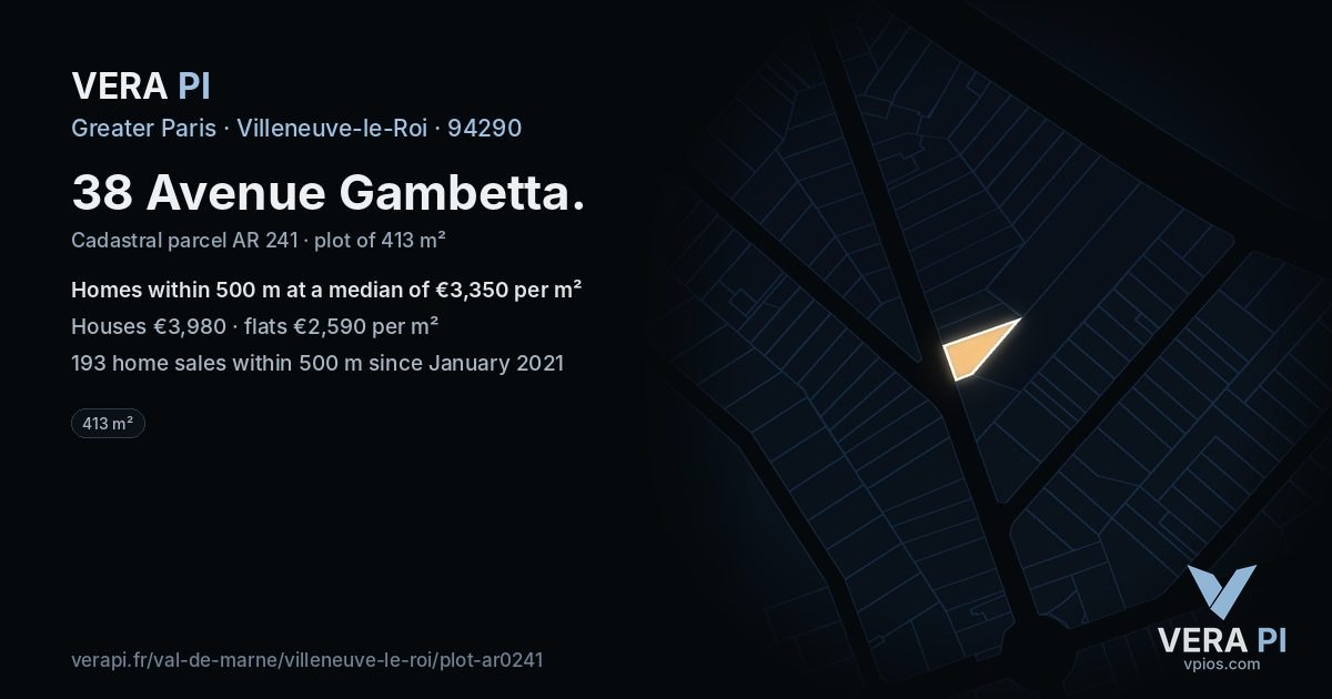 38 Avenue Gambetta, Villeneuve-le-Roi at night – the plot lit, the parcels around coloured by the prices near them