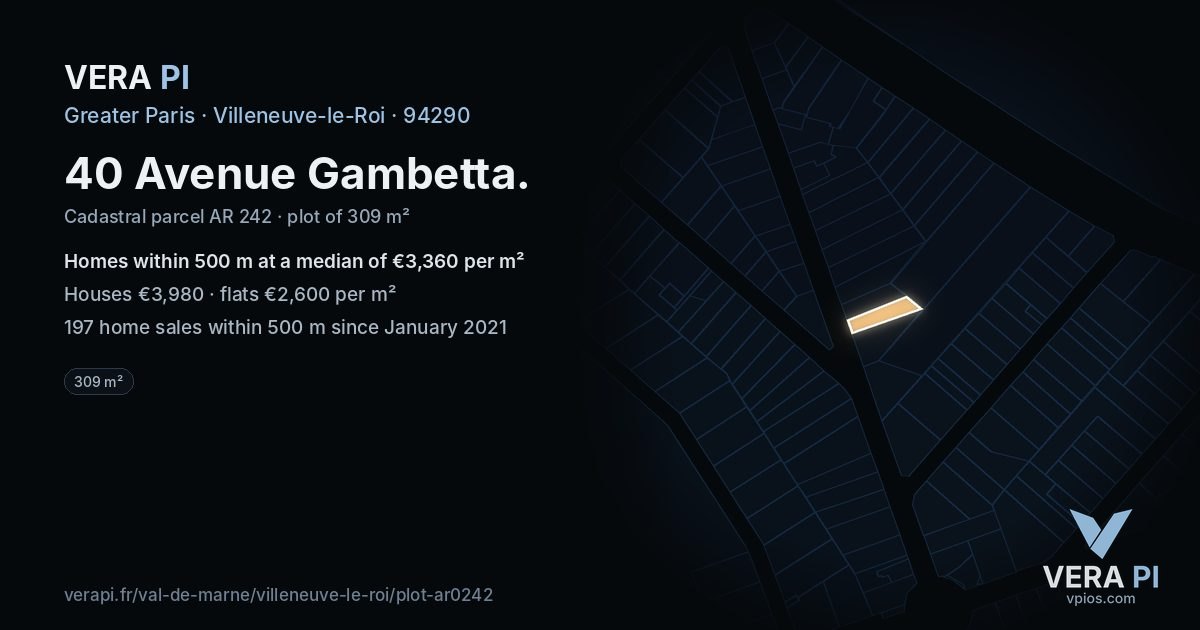 40 Avenue Gambetta, Villeneuve-le-Roi at night – the plot lit, the parcels around coloured by the prices near them