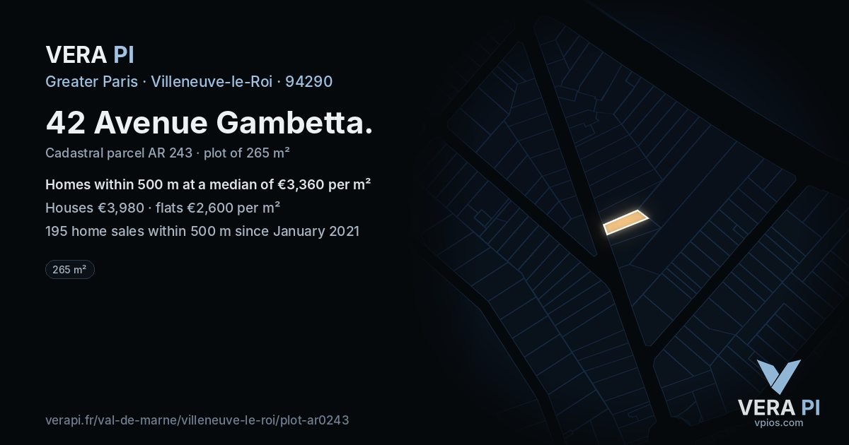 42 Avenue Gambetta, Villeneuve-le-Roi at night – the plot lit, the parcels around coloured by the prices near them