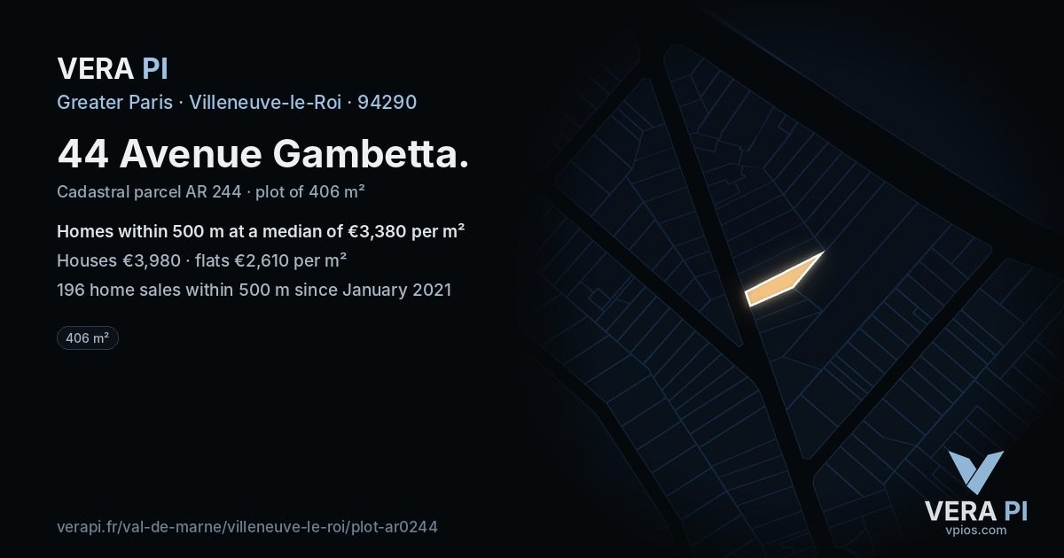 44 Avenue Gambetta, Villeneuve-le-Roi at night – the plot lit, the parcels around coloured by the prices near them