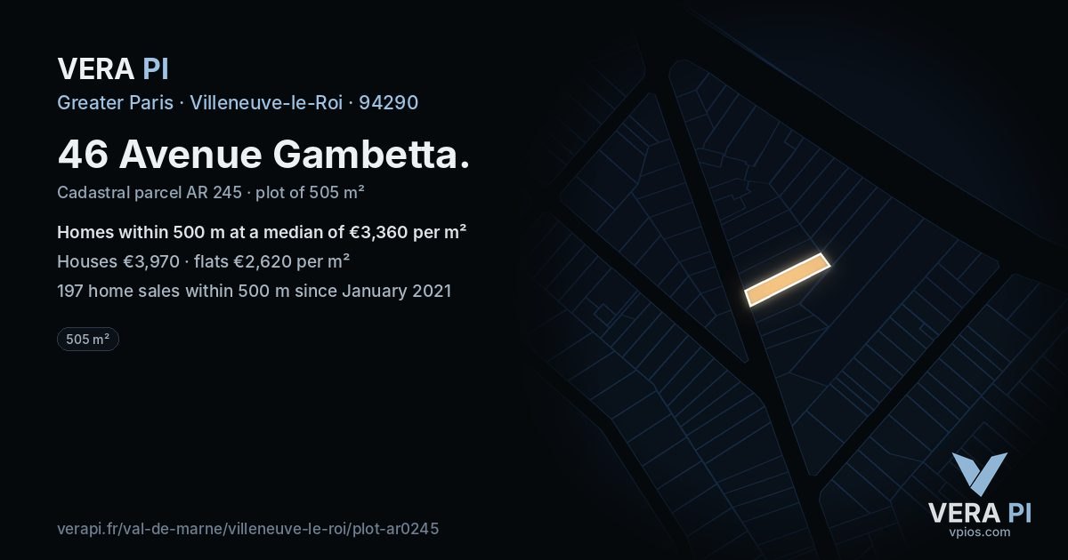 46 Avenue Gambetta, Villeneuve-le-Roi at night – the plot lit, the parcels around coloured by the prices near them