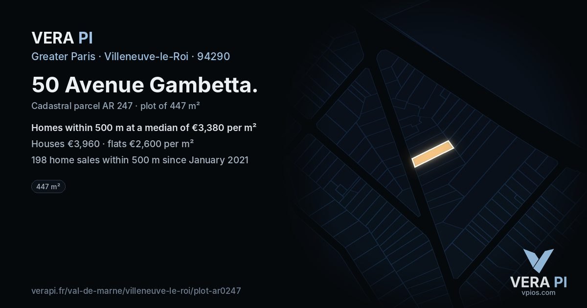 50 Avenue Gambetta, Villeneuve-le-Roi at night – the plot lit, the parcels around coloured by the prices near them