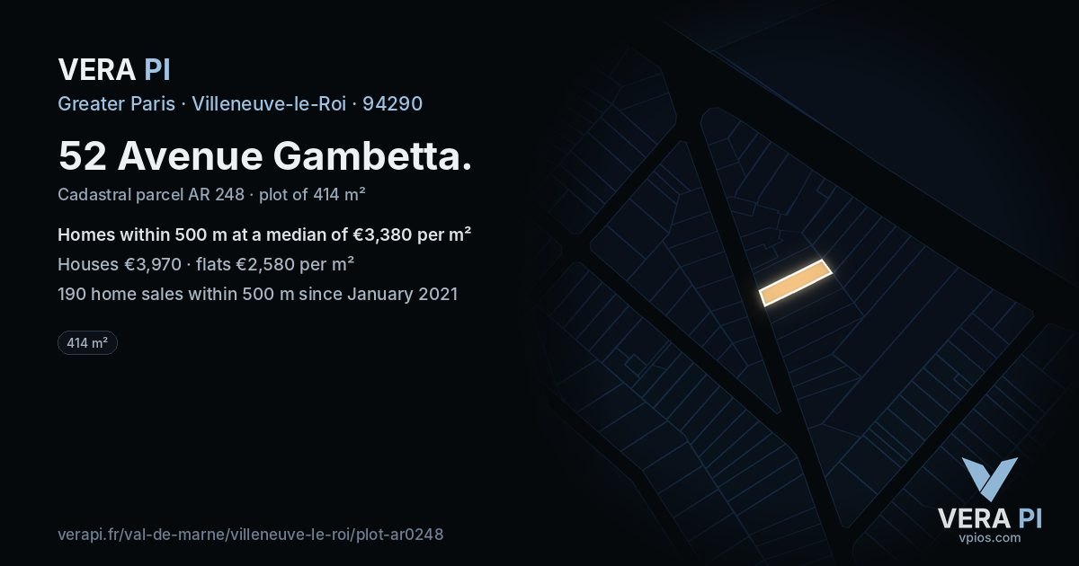 52 Avenue Gambetta, Villeneuve-le-Roi at night – the plot lit, the parcels around coloured by the prices near them