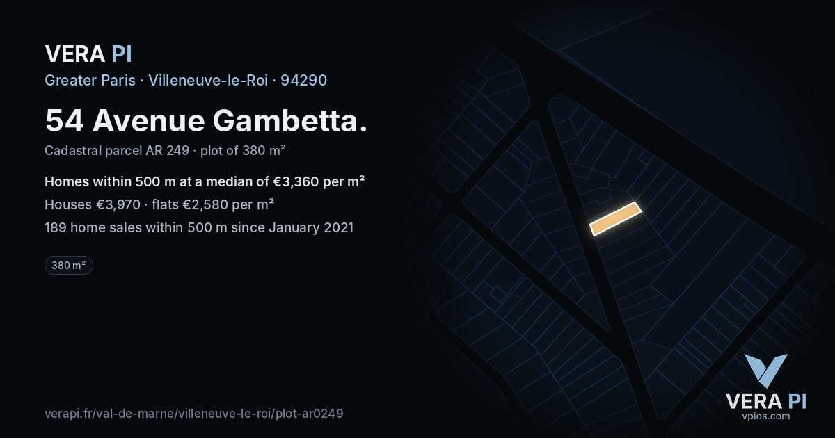 54 Avenue Gambetta, Villeneuve-le-Roi at night – the plot lit, the parcels around coloured by the prices near them