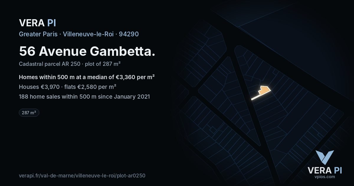 56 Avenue Gambetta, Villeneuve-le-Roi at night – the plot lit, the parcels around coloured by the prices near them