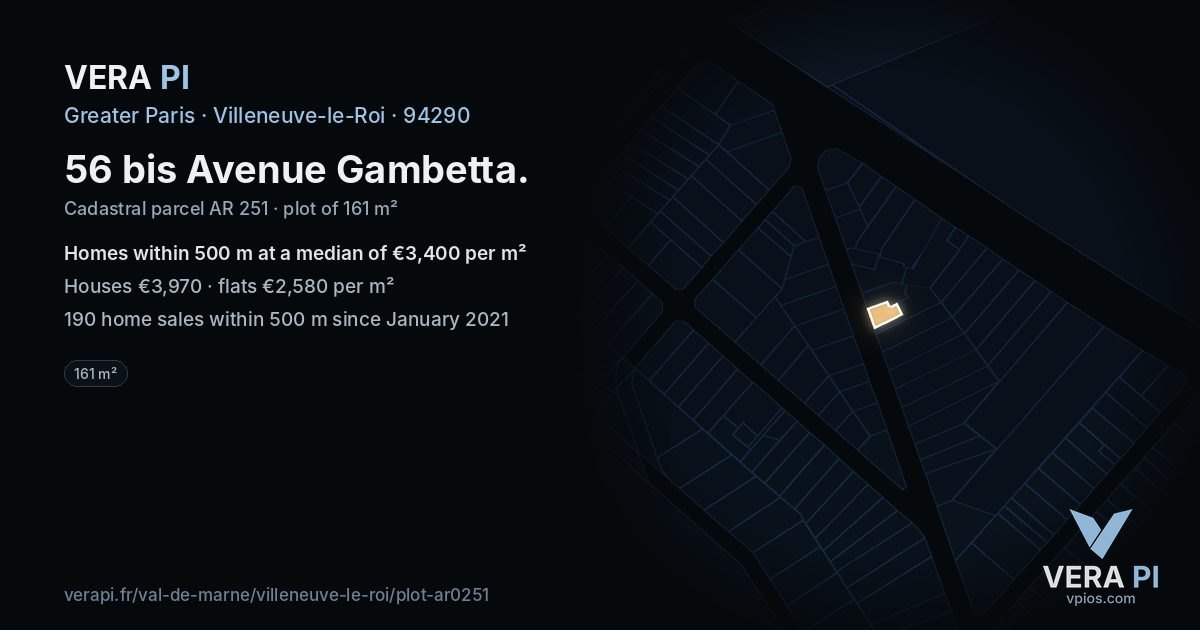 56 bis Avenue Gambetta, Villeneuve-le-Roi at night – the plot lit, the parcels around coloured by the prices near them